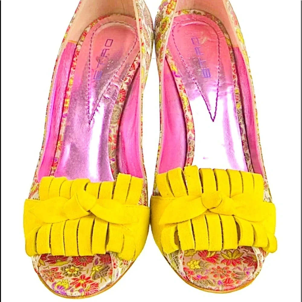 Etro Retro pink & Yellow Peep-Toe Shoes Ruffles & Bows 6